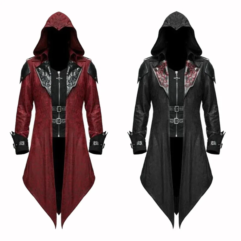 

Men Cosplay Embroidery Jacket Leather Shoulder Costume Punk Medieval Costume Victorian Retro Knight Hooded Tailcoat