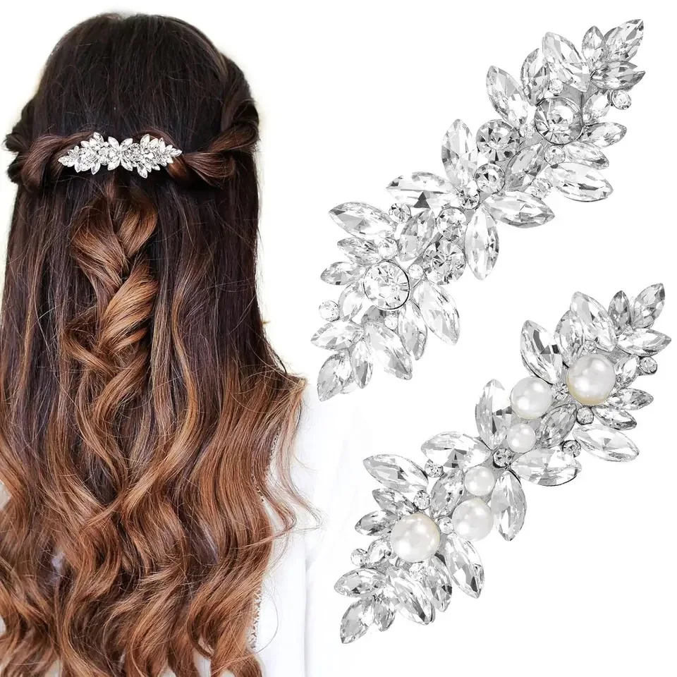 Luksusowe cyrkonie Faux Pearl Spring Clip Kobiety Eleganckie kryształowe spinki do włosów w kształcie liści kwiatowych na ślubne akcesoria do nakrycia głowy dla nowożeńców
