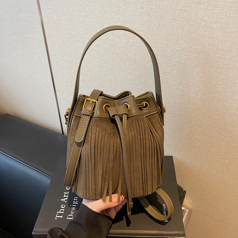 

Faux Suede Tassel string Bucket 2025 Autumn/winter Trend Shoulder Bags Solid Color High Quality Fashion Novelty Women's Handbags