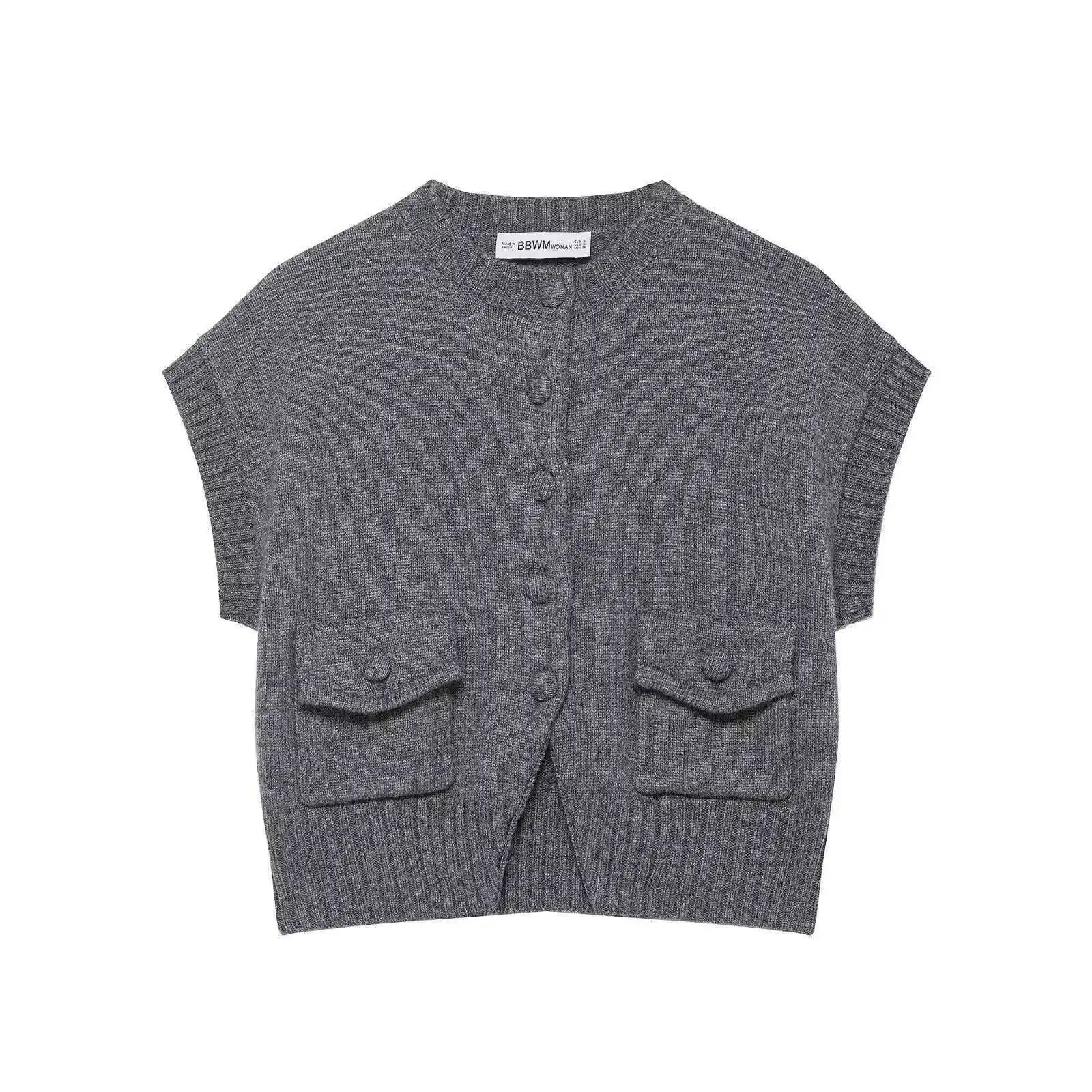 

Women's Vintage Versatile Sweater Fashion Casual Simple O-Neck Knit Vest Single-Breasted Pocket Solid Color Sleeveless Blouse