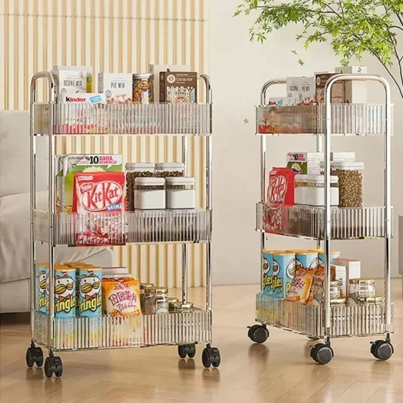 2/3 Tiers Rolling Cart Storage Shelf Transparent Acrylic Trolley Mobile Shelf with Wheel Multi-Layers Storage Rack