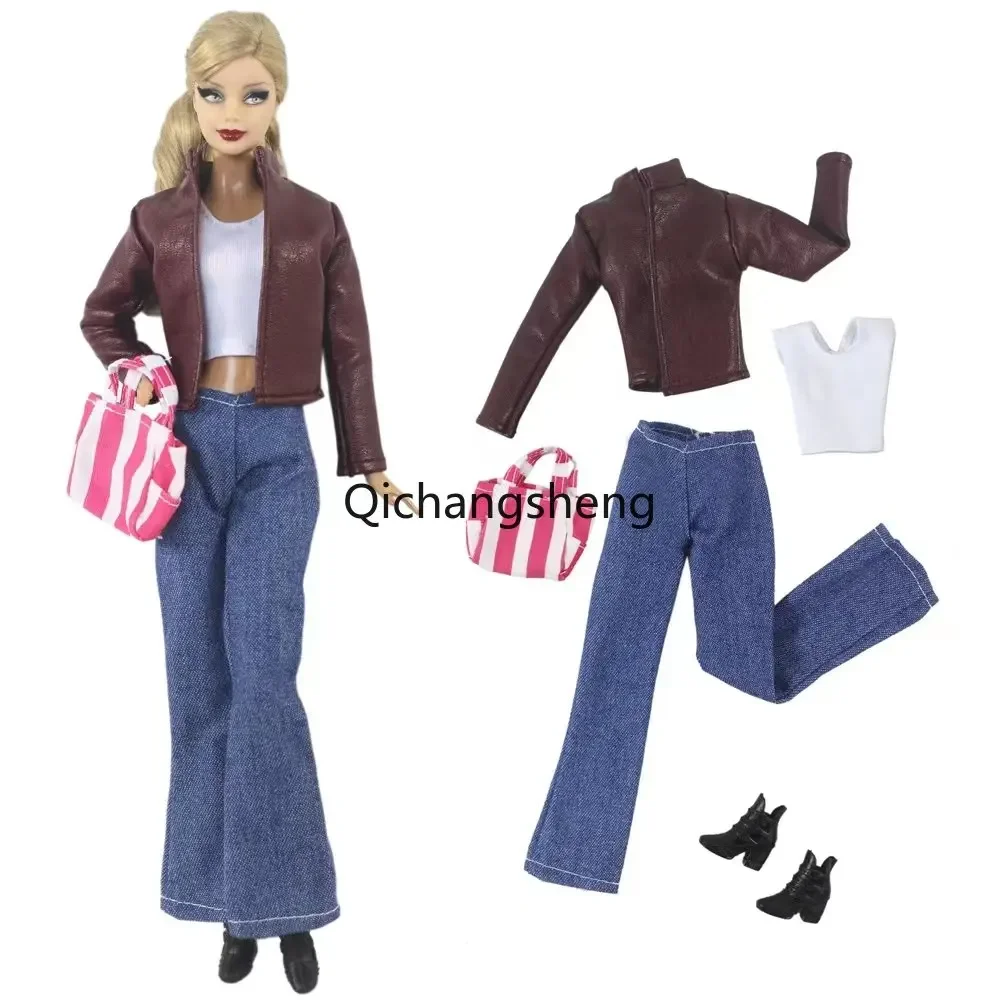 

1/6 BJD Accessories Fashion Clothes Set For Barbie Doll Outfits Wine Leather Coat Jacket Tank Top Pants Shoes Bag Girl Toy 11.5"