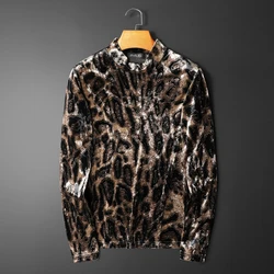 Exquisite Leopard Print Streetwear Luxury Long Sleeved T Shirt Men Autumn Quality Velvet Smooth Comfortable Turtleneck Camisetas