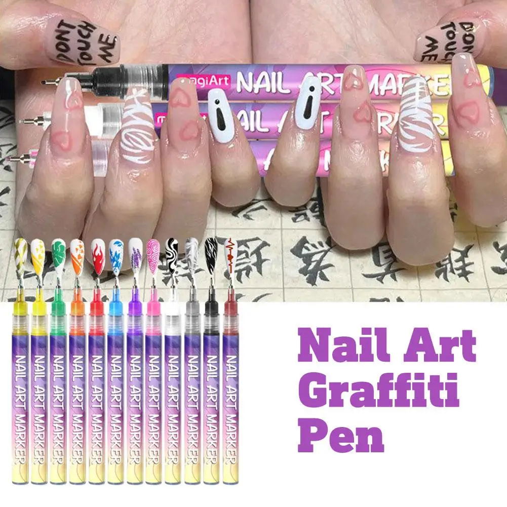 

12 Color Set Nail Art Graffiti Pen High-precision Fine Tip Nail Art Graffiti Pen Nail Drawing DIY Quick Drying Dot Hook Pen