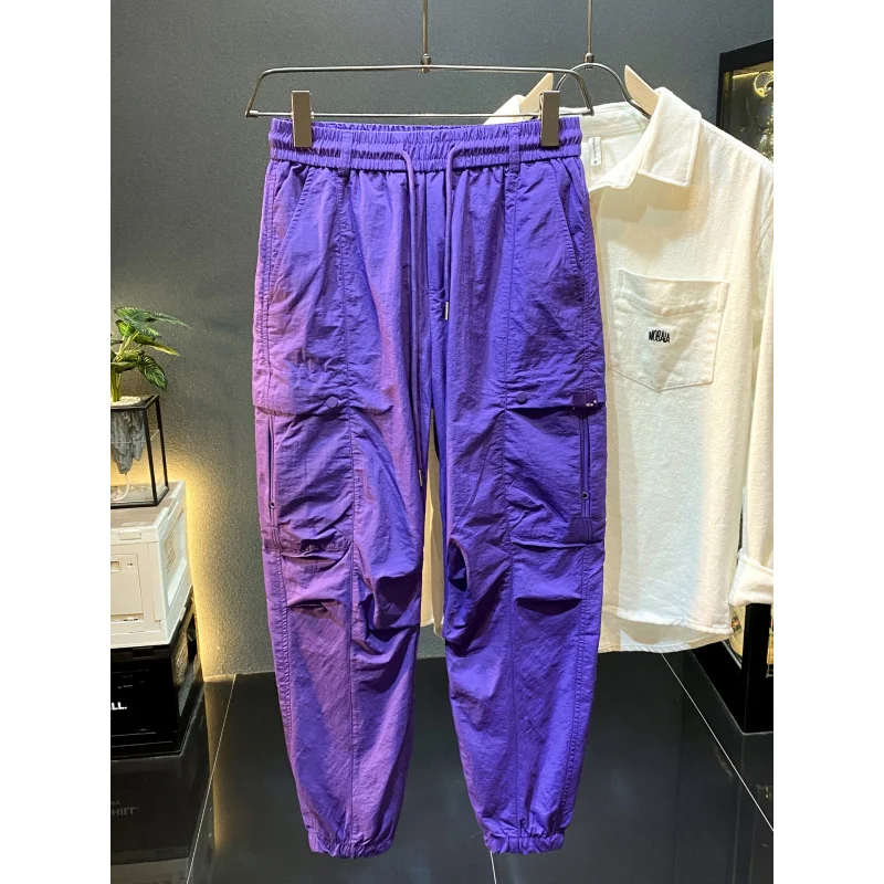 

2025Летние ультратонкие шелковые модные спортивные брюки мужские быстросохнущие свободные крутые повседневные длинные брюки-карго-шаровары