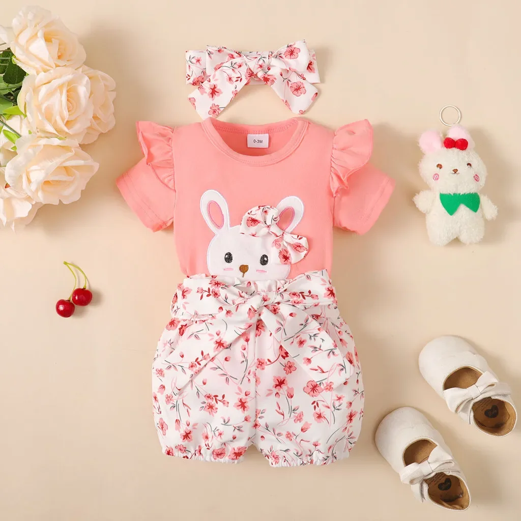 

3PCS Fashion Girls Summer Set with Pleated Sleeves Cute Rabbit Jumpsuit Floral Fhorts and Headband for Newborns Aged 0-18 Months