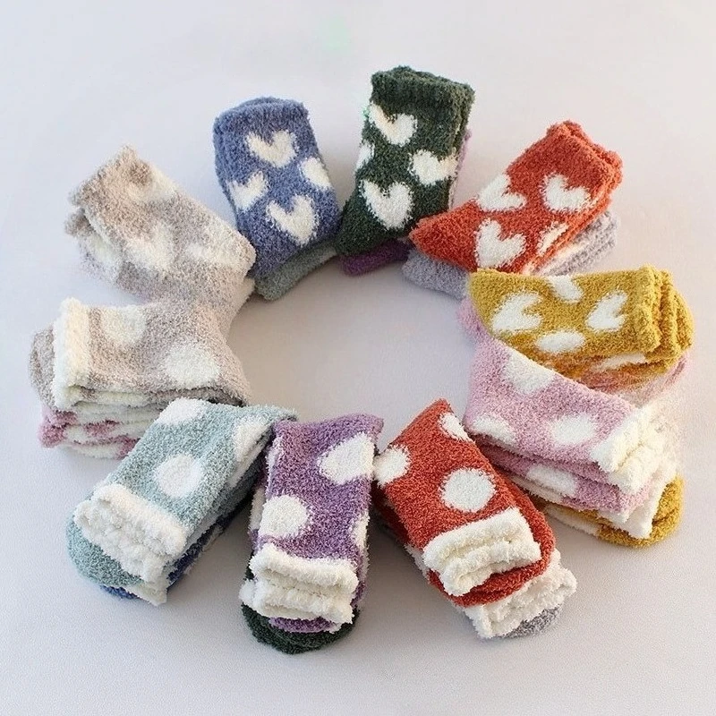 

Winter Thickened Coral Wool Socks Warm Middle Tube Socks Heart Lovely Cotton Sleep Home Floor Socks Women Cute Medias