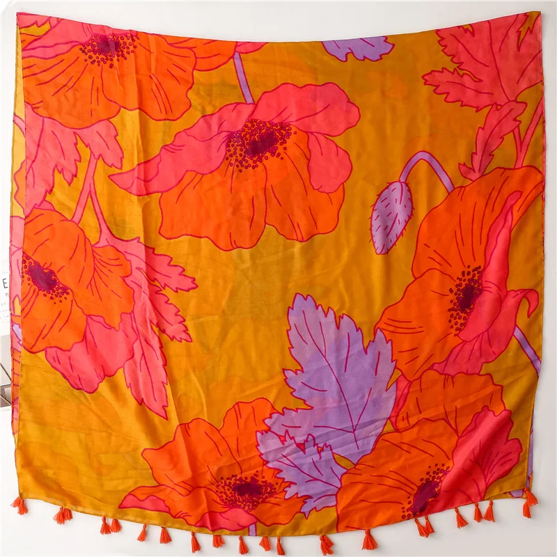 New Soft Cotton and Linen Feel Scarf Spring Summer Retro Bright Orange Flower Silk Scarf Sun Protection Cape Bib Decoration