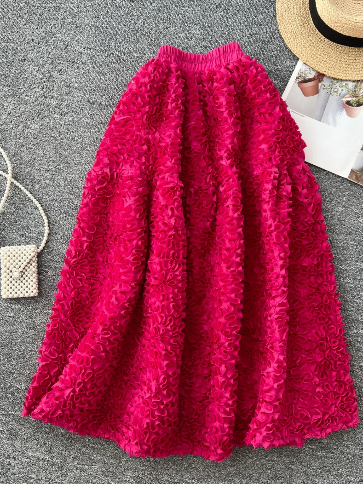 High Waist A-Line  Skirt Women's Spring Fashion Heavy Embellishment 3D Lace Flared Skirts Korean Style Slimming Effect