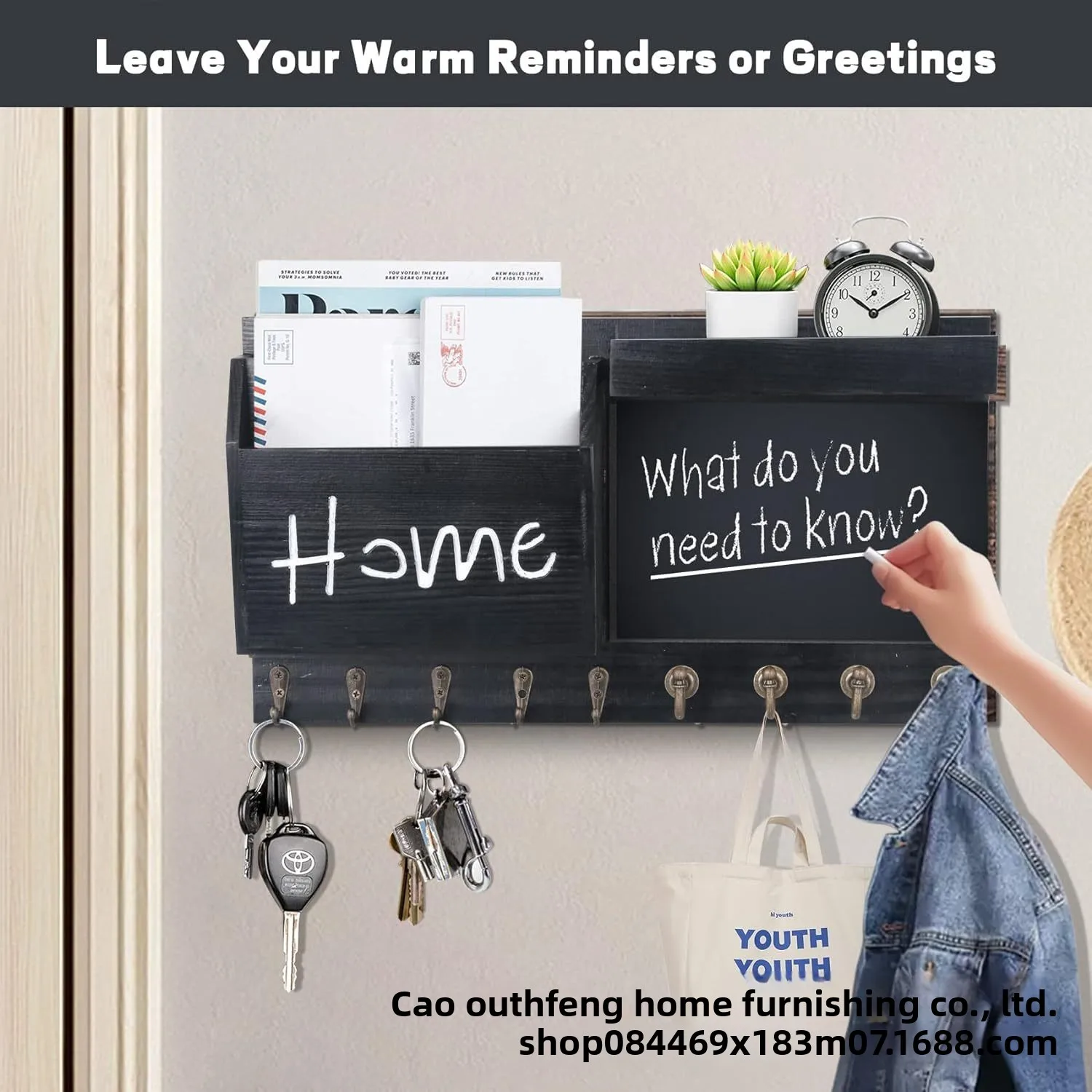 Wooden Wall Mounted Mail Key Holder Rack Small Chalkboard One-Tier Entryway Organizer Hooks Letters Coats Everyday Storage In