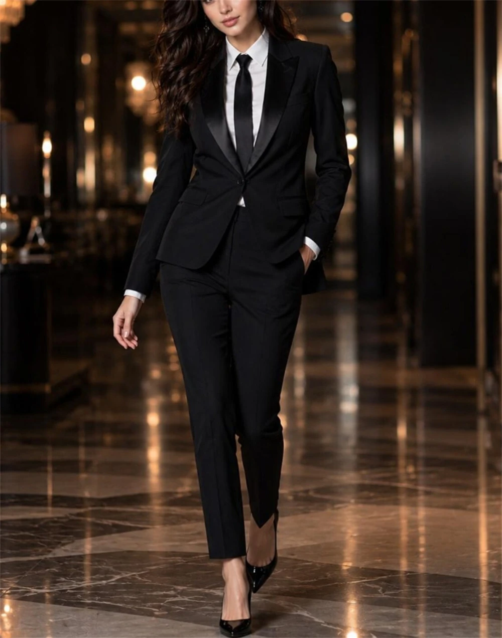 

New Women's Black Tuxedo Suit Tailor Made Black Elegant Slim Fit Formal Business Wear Office Suit Wedding Outfit (Blazer+Pants)