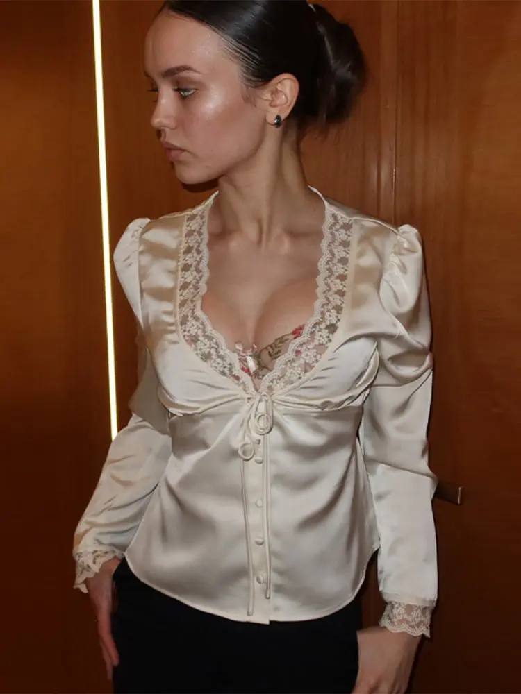 Solid Casual Satin T Shirt V Neck Lace Edge Blouse Patchwork Long Sleeve Top Singe Breasted Tops 2026 New Lady Casual Streetwear