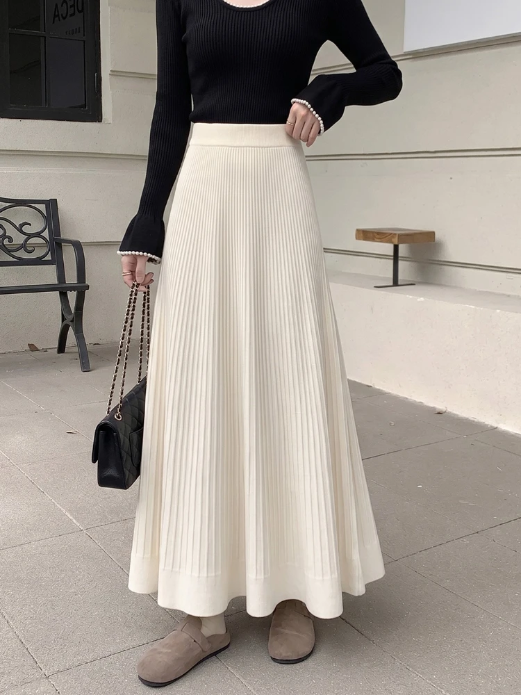 Gentle Knitted Pleated Women Maxi Skirts 2026 Fall Winter High Waist Draped Heavy‑Weight A‑Line Flowy Swing Versatile Half Skirt