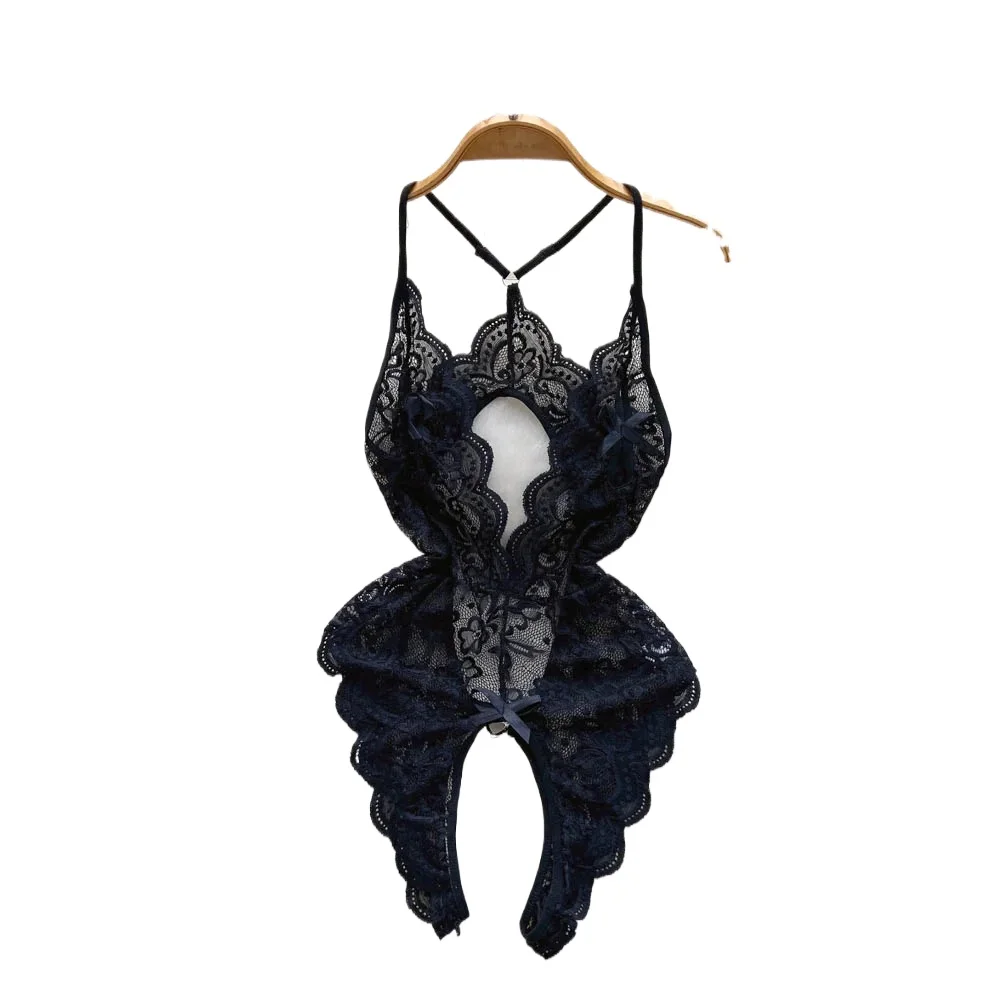 Hollow Backless Strap Playsuit Deep V-Neck Transparent Lace Slim Bow Bodysuit Sexy Lingerie Women's Pajamas Nightwear Rompers