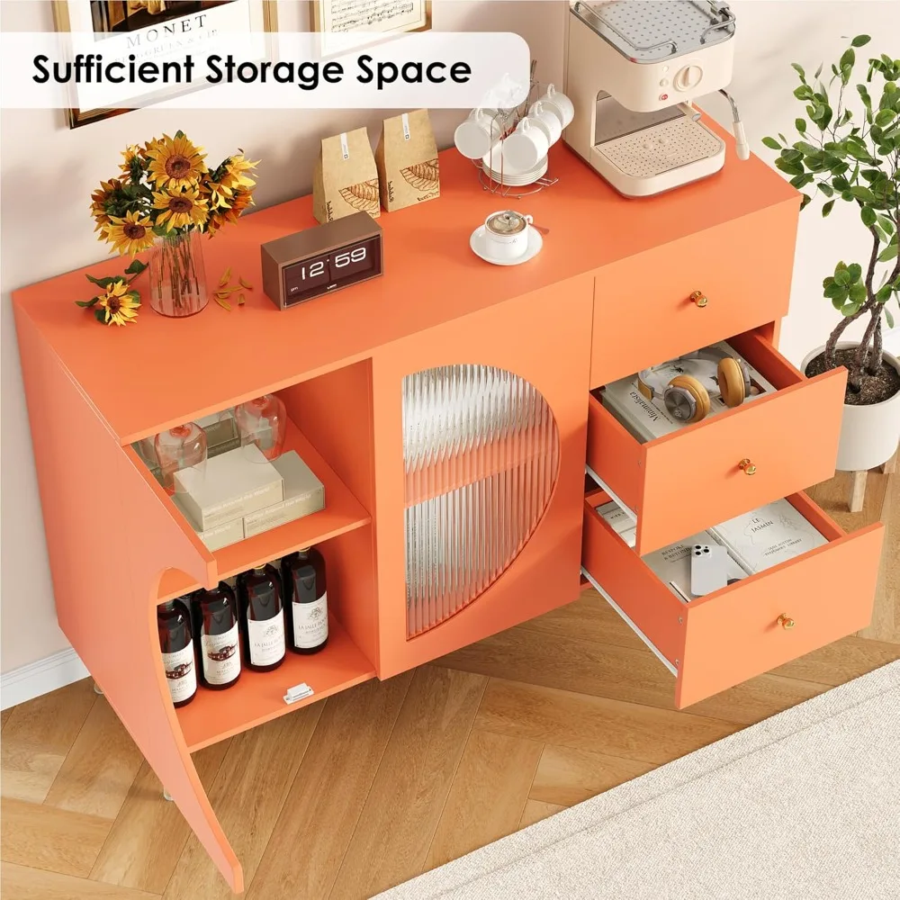 

Coffee Bar Cabinet with Fluted Glass Door, Modern Cream Style Buffet Sideboard with Wine Glass Rack, Customized