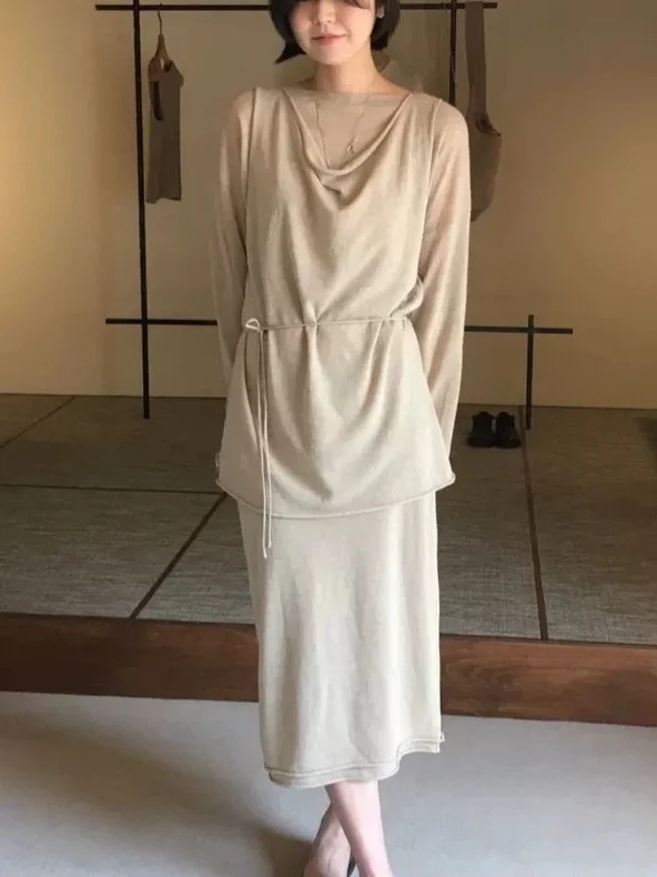 

Simple Stylish Versatile Boat Neck Knitwear Sleeveless Half Skirt for Women High Waist Pure Color Spring Season Korean Style