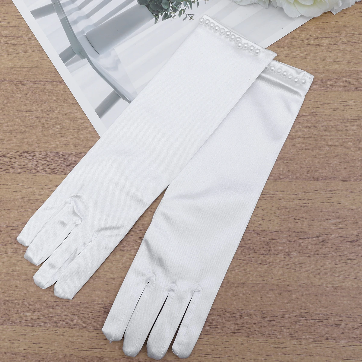 

Wedding Gloves Pearl Decor Kids Dress Bowknot Flower Girl Evening Party Long Beautiful Elegant