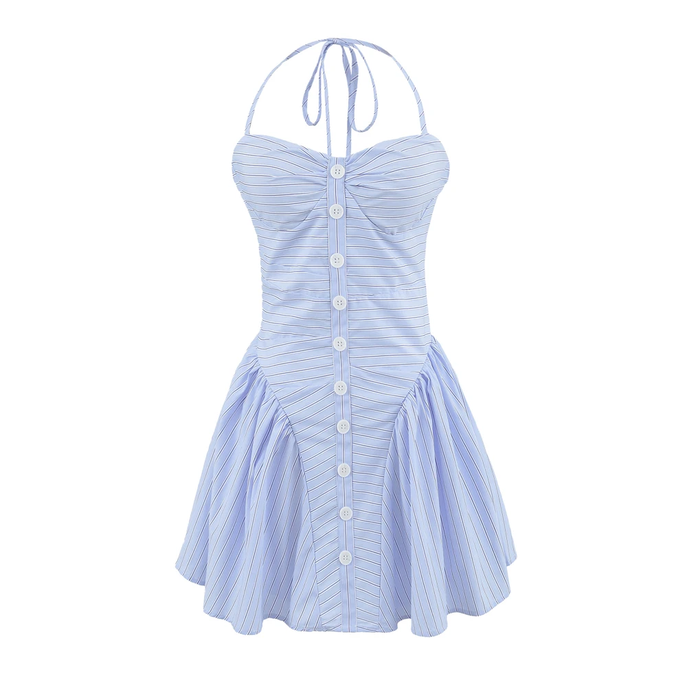

Teen Girls Dress 2025 New Fashion Summer Blue Stripes Mini Dresses for Girl Elegant Chic Ladylike Girl Slip Dress 15-18 Years