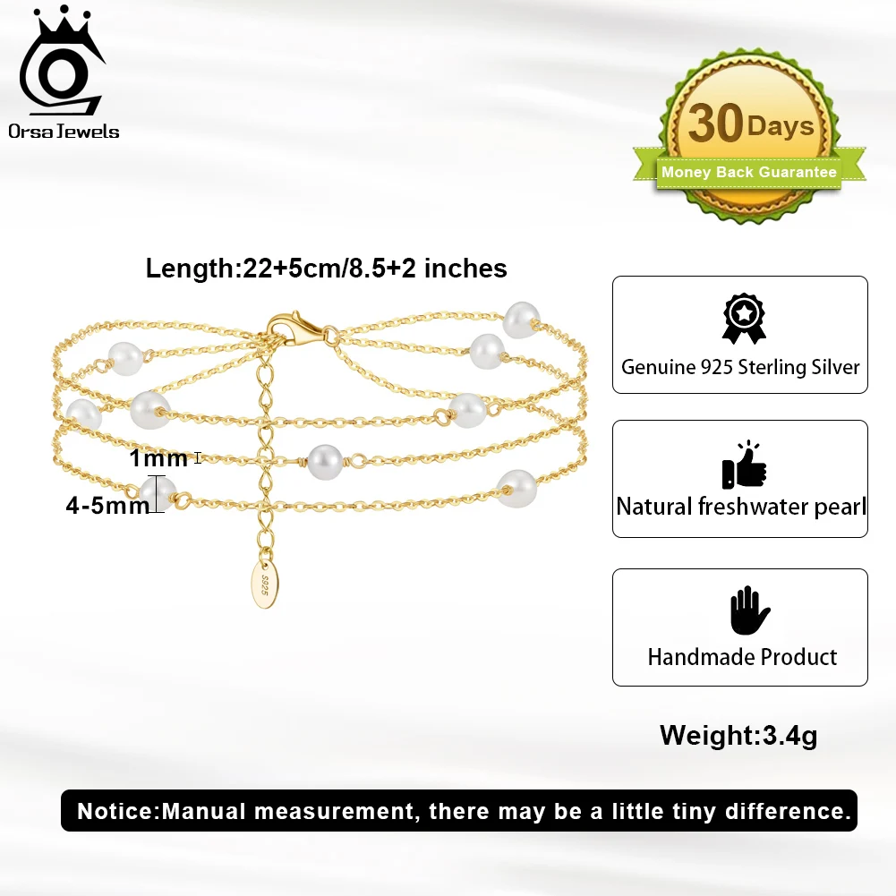 ORSA JEWELS Triple Layered Natural Pearls Anklet for Women 925 Sterling Silver Summer Vintage Foot Ankle Straps Jewelry SA52