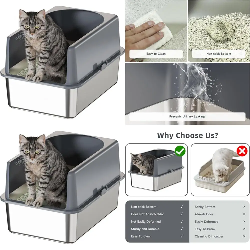 

Большой закрытый лоток для кошачьего туалета из нержавеющей стали - 20 дюймов (длина) x 14 дюймов (ширина) x 12 дюймов (высота) с ограждением для удобства уборки