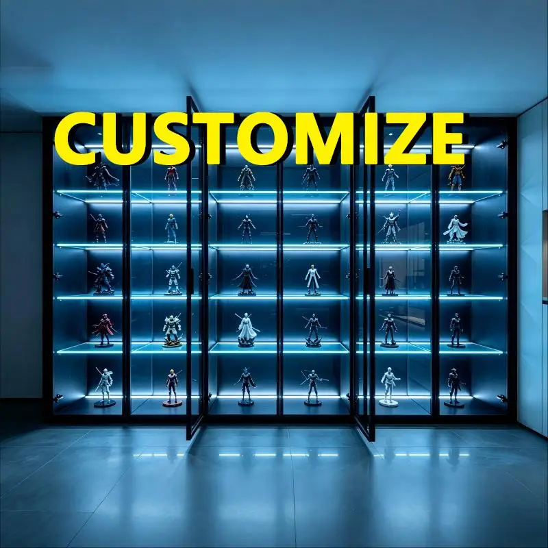 Any Size Custom Adjustable Shelves Display Cabinet Tempered Glass LED Light Large Capacity Aluminum Frame Dustproof Home Storage