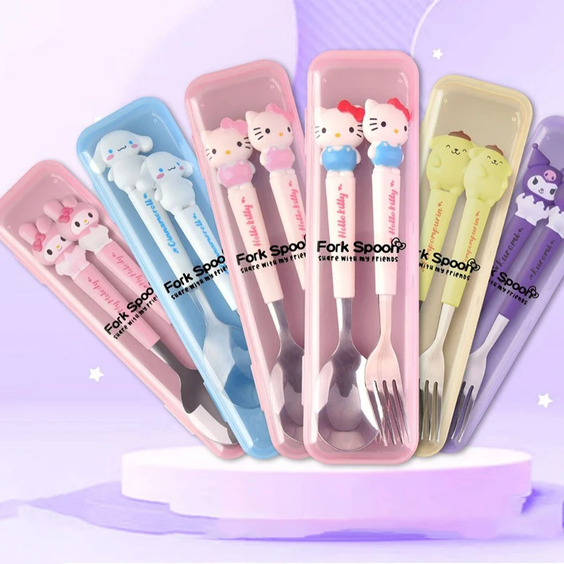 

Sanrio Kawaii Hello Kitty Anime Children Scoop Fork Suit Cute Cinnamoroll My Melody Cartoon Cutlery Box Lovely Gifts For Kids