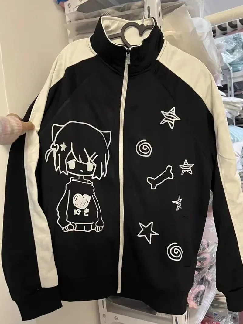 Abrigo informal japonés con cremallera para mujer, ropa de calle, chaqueta con cuello levantado de gran tamaño Y2k, abrigos Kawaii con estampado de dibujos animados de Color de contraste estético para mujer