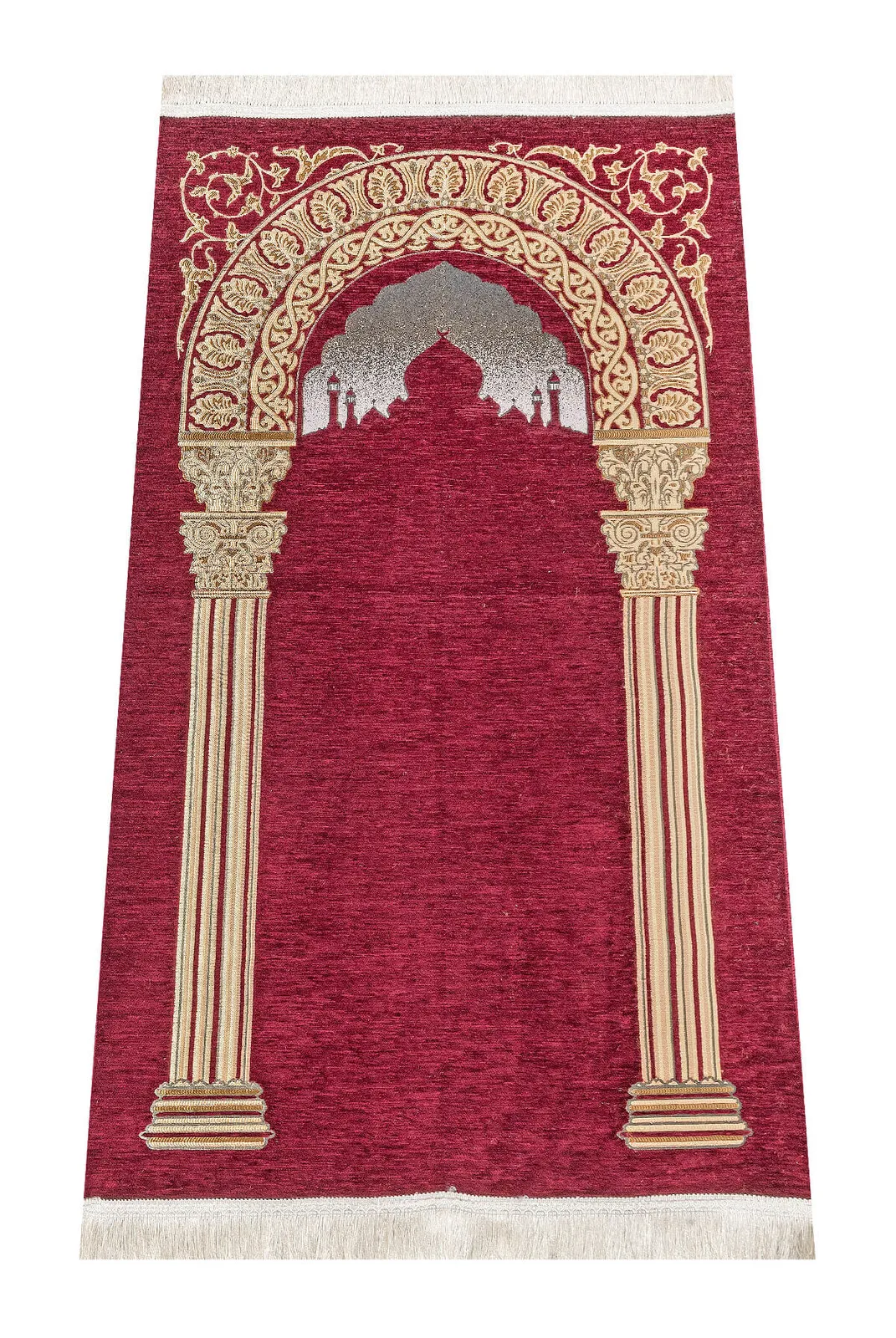 

Taj Mahal Patterned Chenille Prayer Rug Claret Red Muslim Islam Sheet Prayer Mat Holy Quraan Islamic Mats