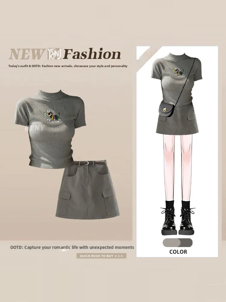 

Summer Casual Short Sleeve Base Shirt Women's High Waist Short Skirt Two-Piece Set Inner Wear Grey Workwear Bodycon Top