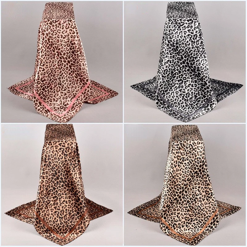 Spring New Leopard Leopard Satin 90x90 Square Scarf Fashion Joker Scarf Silk Handle Quality Elegant Yarn Especially Soft