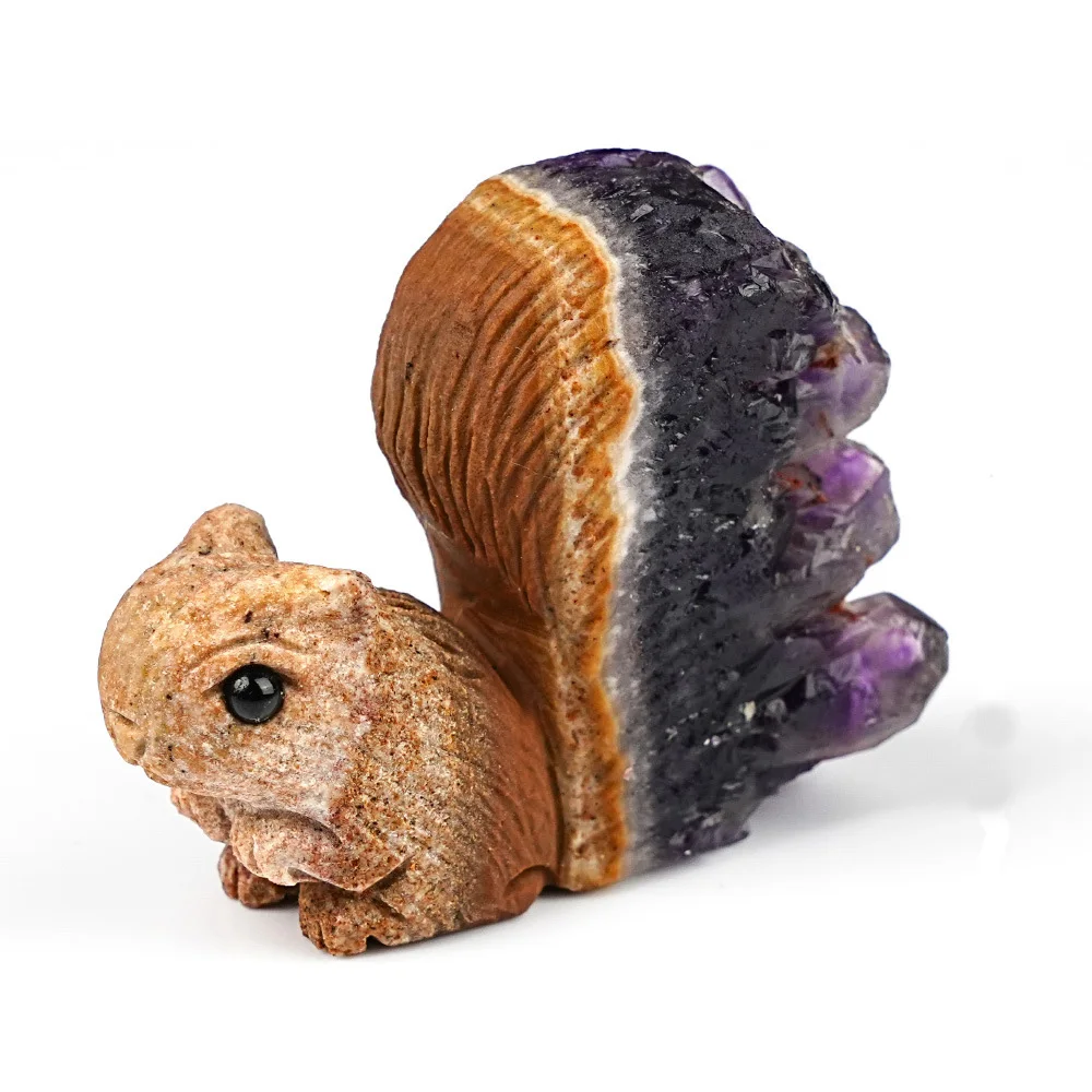 Natural Amethyst Cluster Handcarved Squirrel Statue Reiki Healing Crystal Sculpture Home Study Table Desk Decor Collection Gifts
