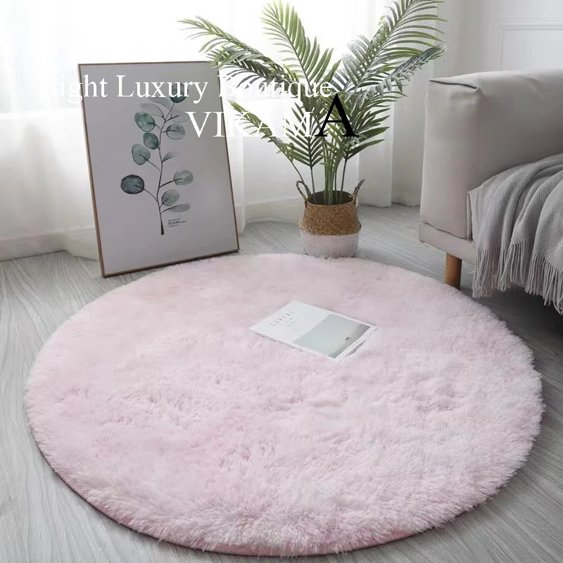 VIKAMA Pure Colour Simple Style Round Silk Hair Carpet Living Room Bedroom Home Decorative Carpet Soft Dirty Resistant Washable