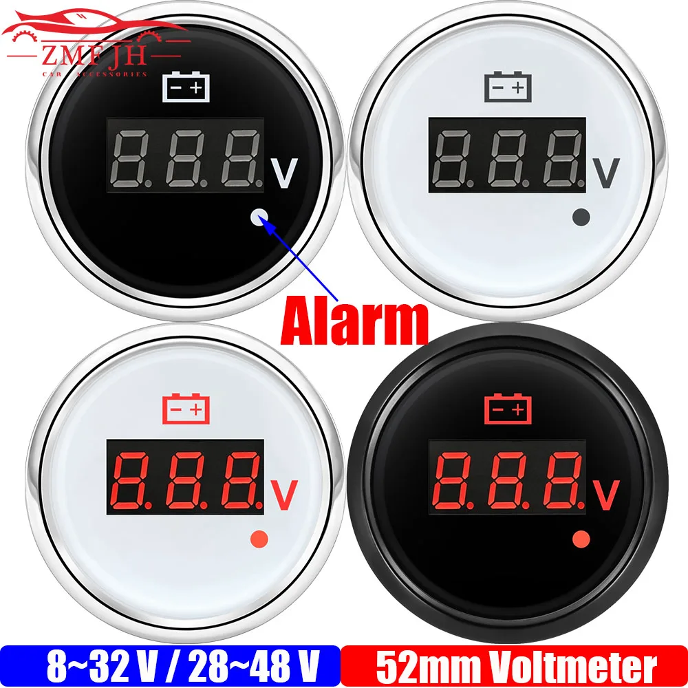 8-32V,28-48V 52mm Voltmeter with Warning Red Light Digital 52mm Voltage Car Gauge Waterproof for Auto Car Marine Yacht 12V24V36V