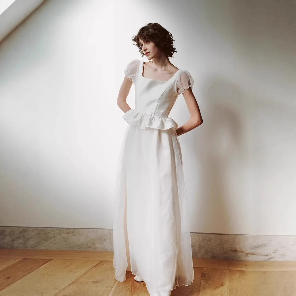 ZIBUYU Simple une ligne encolure carrée pure manches courtes Satin robe De mariée 2025 Simple longueur De plancher robes De Novia personnalisé