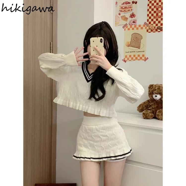 Knitted Outfits Fashion Two Piece Sets Women Clothing V-neck Cropped Pullovers Bodycon Mini Skirt Suit Casual Sweet Y2k Set