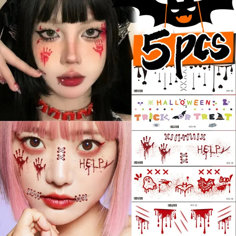 1/5Pcs Horrible Theme Halloween Stickers Temporary Tattoo for Women Men Lasting Waterproof Party Wound Scar Makeup Tattoos