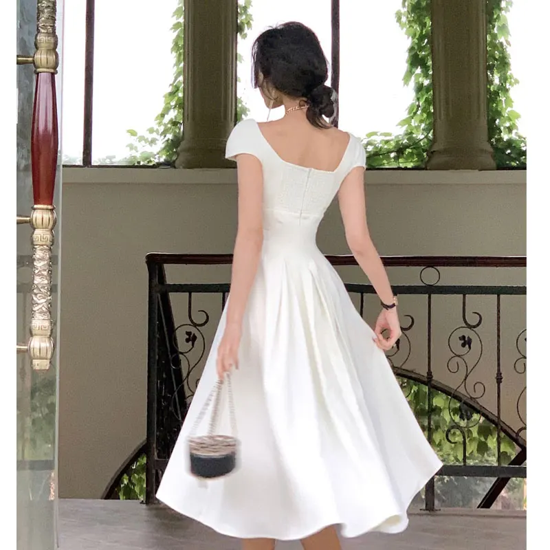 2023 French Elegant Women White Wedding Party Dress Vintage Square Collar Robe Female Sundress Retro Black Evening Dress Vestido