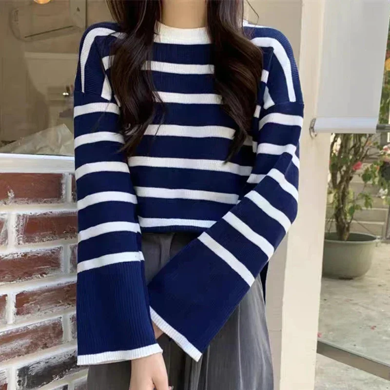 POCZCIY Premium Loose Long Sleeve Pullover Women's Ribbed Casual Office Striped Sweater O-neck Pull Femme Autumn Winter