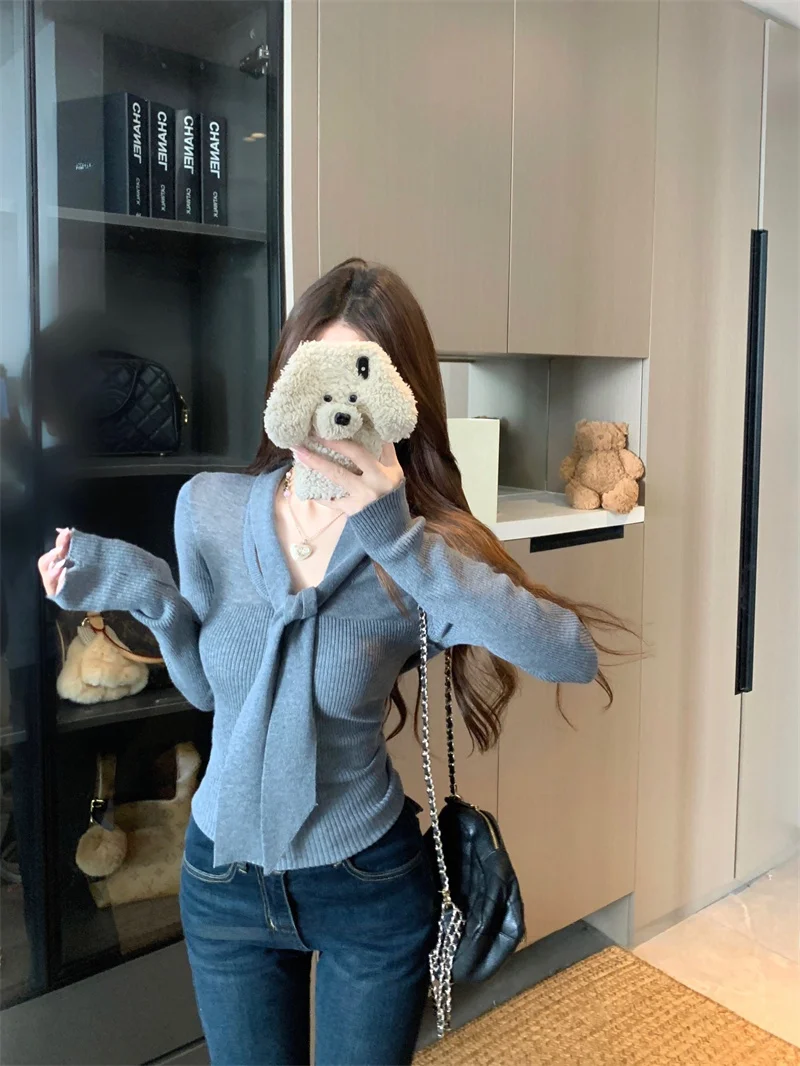 

Серый вязаный свитер с длинными рукавами для женщин, приталенный, с утягивающим поясом, весенняя базовая кофта в корейском стиле для повседневной носки