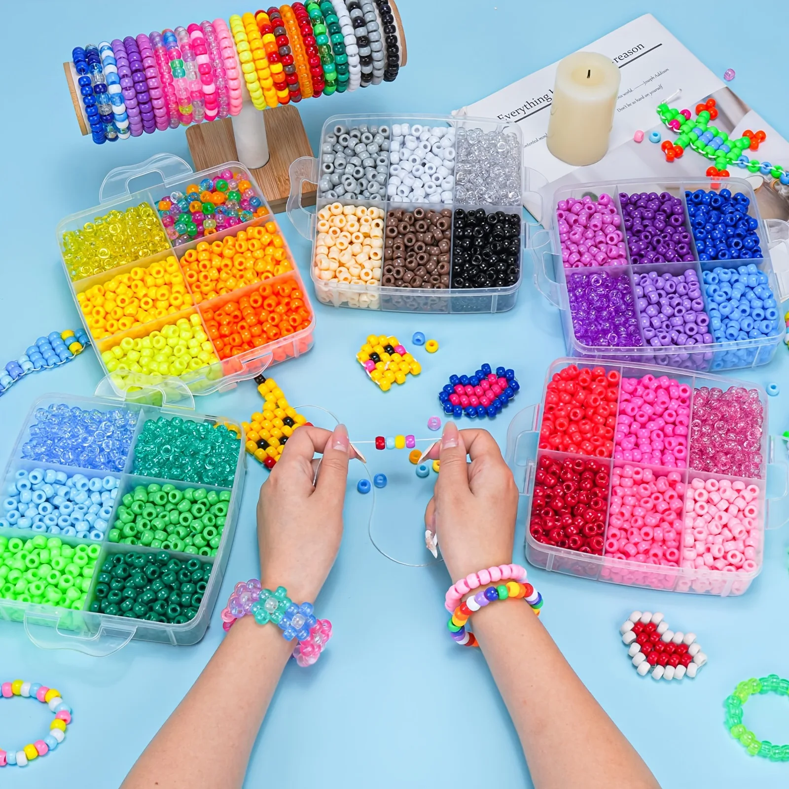 Acrylic Large Hole Pony Barrel Beads Set, Multicolor DIY Beading Kit for Bracelet Necklace Hair Accessories Jewelry Making