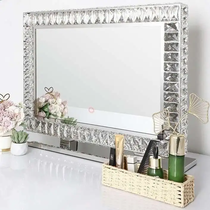 Tabletop LED Makeup Mirror Crystal Vanity Light Luxury Desk Mirror for Bedroom US Plug