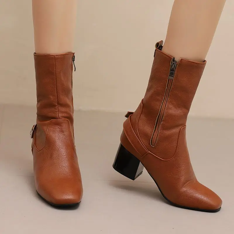 

ORCHA LISA Fashion shoes 2025 Casual Women's Mid Calf Boots Square Toe 5.5cm Chunky Heel Zipper Plus Size 47-50 Soft Daily