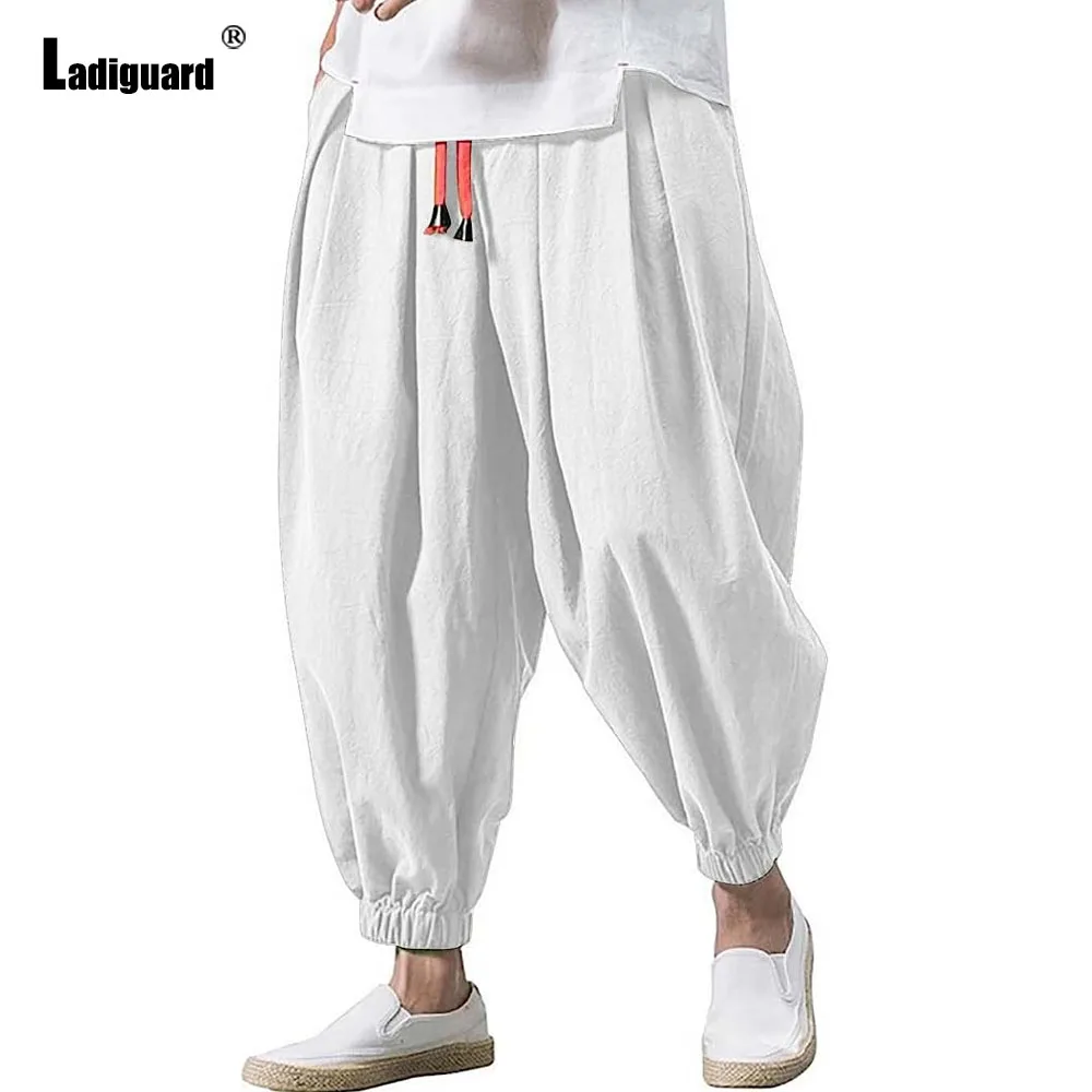 

Men Fashion Leisure Beach Cotton Linen Bloomer Men's Ankle-Length Pants Plus Size Mens Casual Solid Pocket Drawstring Trouser