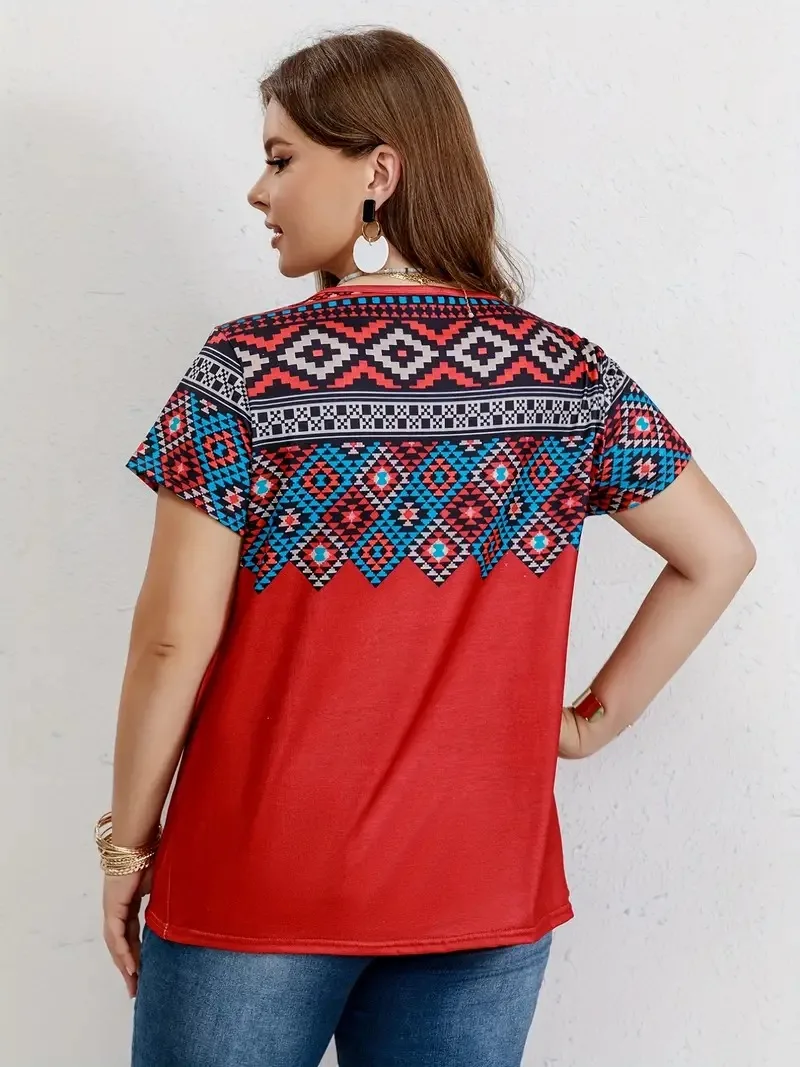 Women T Shirt Plus Size Tops Fashion clothes Women\'s Plus Southwestern Print Casual Tees Round Neck Short Sleeve T-shirt Tops