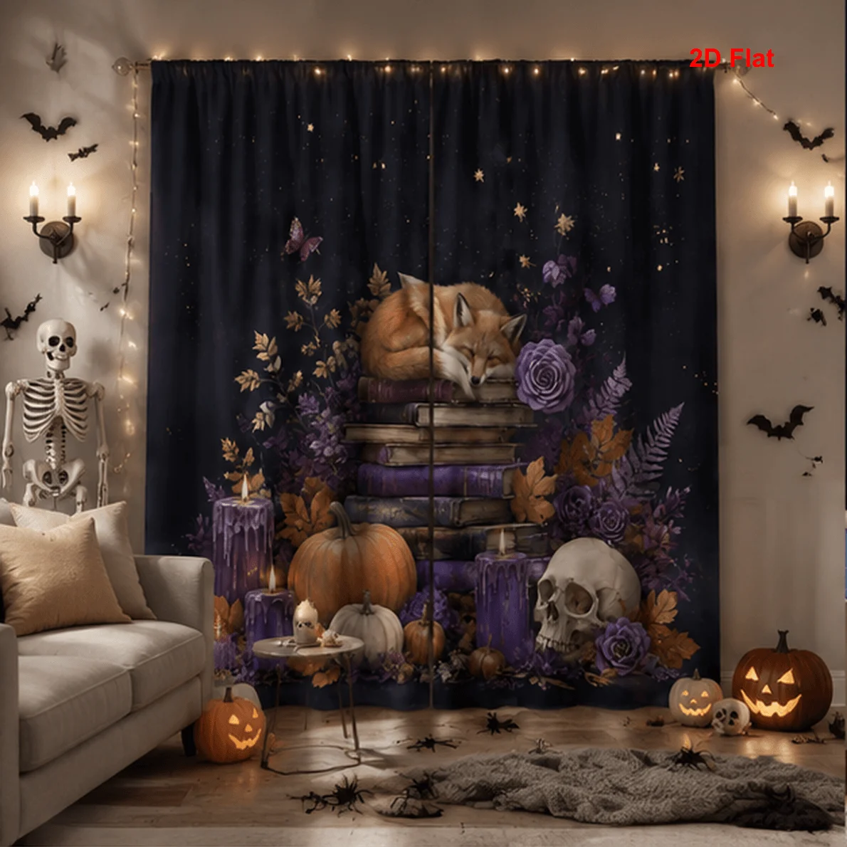 2PCS Digital Print Curtains, Halloween Dark Fox Skull Purple Rose Candle Pattern, Gothic Mystic Style for Bedroom ／ Spooky