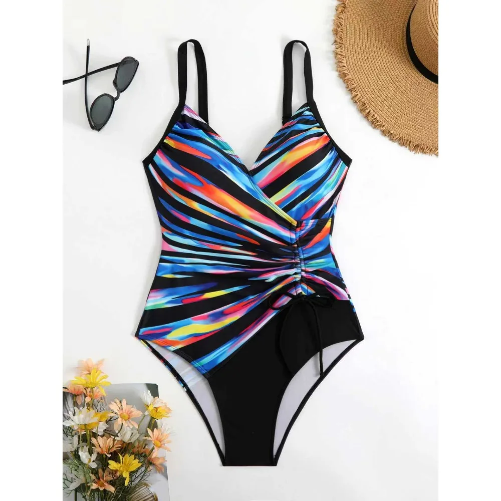 

Striped One Piece Swimsuit 2025 Swimwear Women Tummy Control Bathing Suits Summer Beach Wear Drawstring Monokini Swimming Suit
