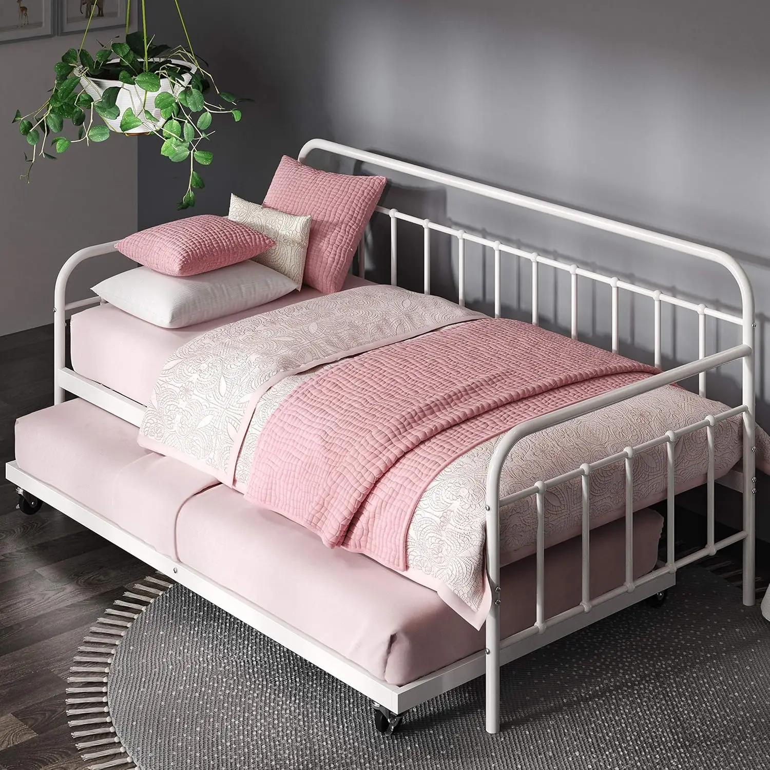 Florence Twin Daybed and Trundle Frame Set, Premium Steel Slat Support, Daybed and Roll Out Trundle Accommodate, Twin Size