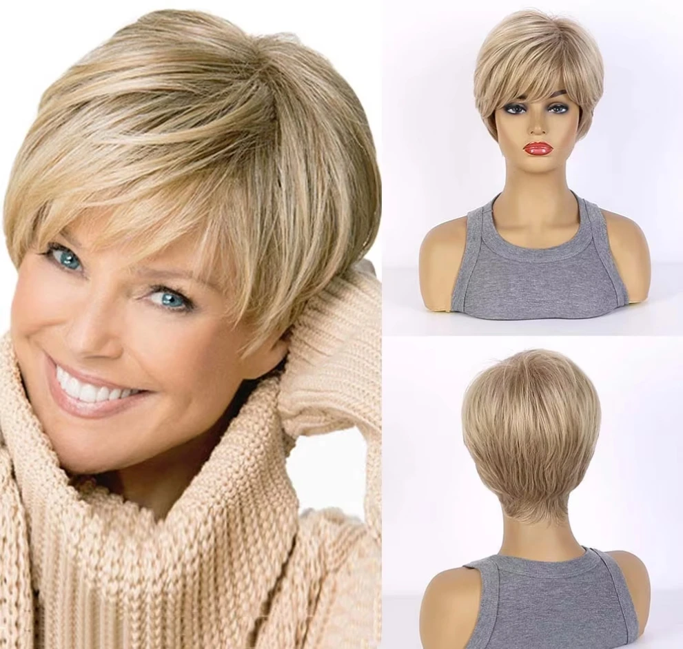 

Short Mixed Blonde Synthetic Wigs for Women Short Curly Wigs with Bangs Curly Wig Heat Resistant Fiber Cosplay hair