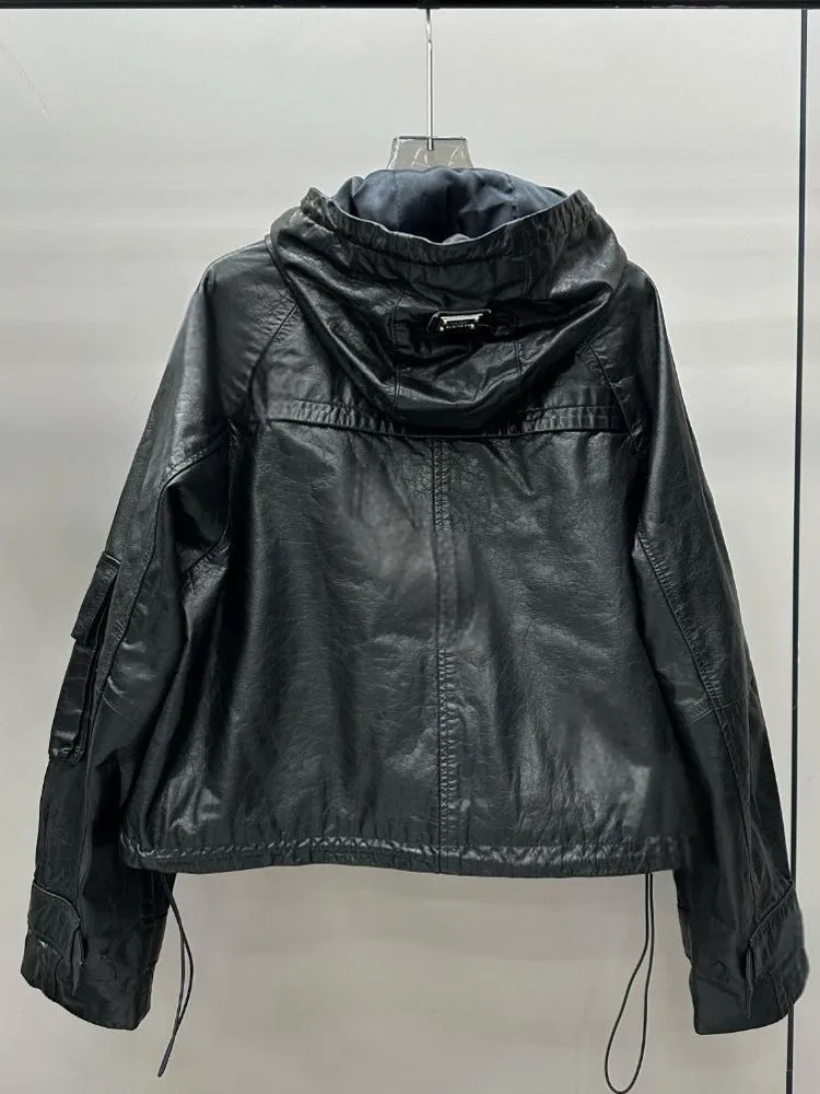 Nuovo designer Lady tasca con cerniera con cappuccio giacca in vera pelle di vacchetta manica lunga retrò autunno inverno stile corto casual femminile