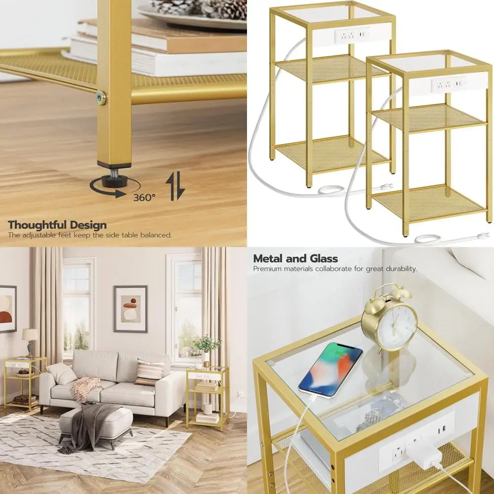 Par de mesas auxiliares modernas con estación de carga, puertos y tomas USB, mesitas de noche de vidrio de 3 niveles, estantes de almacenamiento, para sala de estar/beds